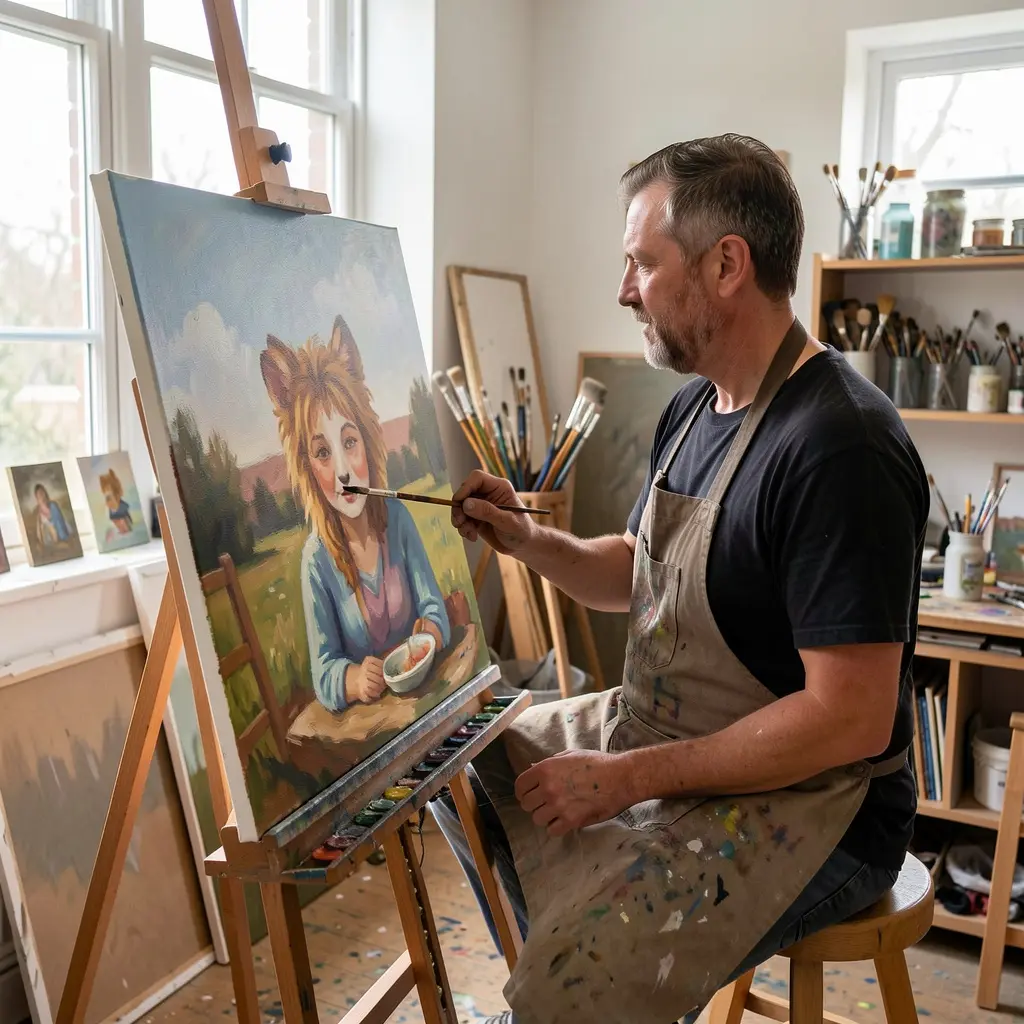 Artist painting in a studio